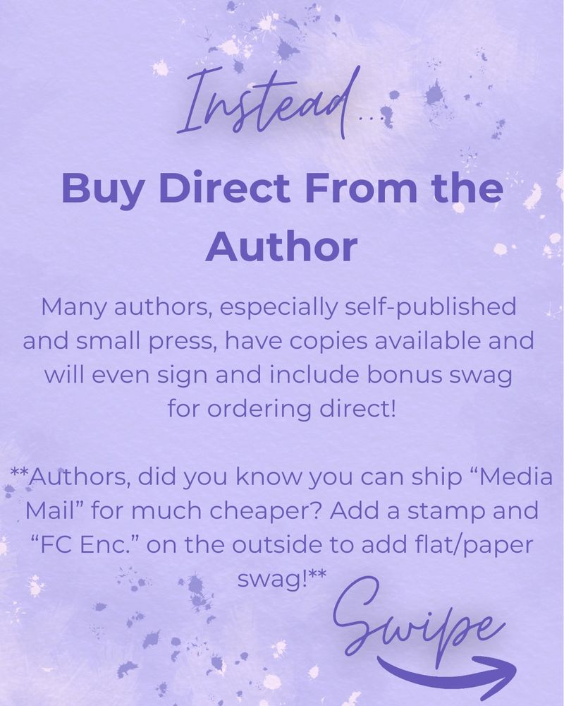 Purple speckled background with text about buying direct from the author, including tips for authors shipping media mail