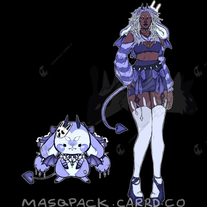 character design of an original character that belongs to a closed species. a tall Black femme is beside a cute, chibi bunny with demonic traits (horns, bat wings, and pointed tail). the color scheme consists of various purples, and the designs are placed in a solid black background. 