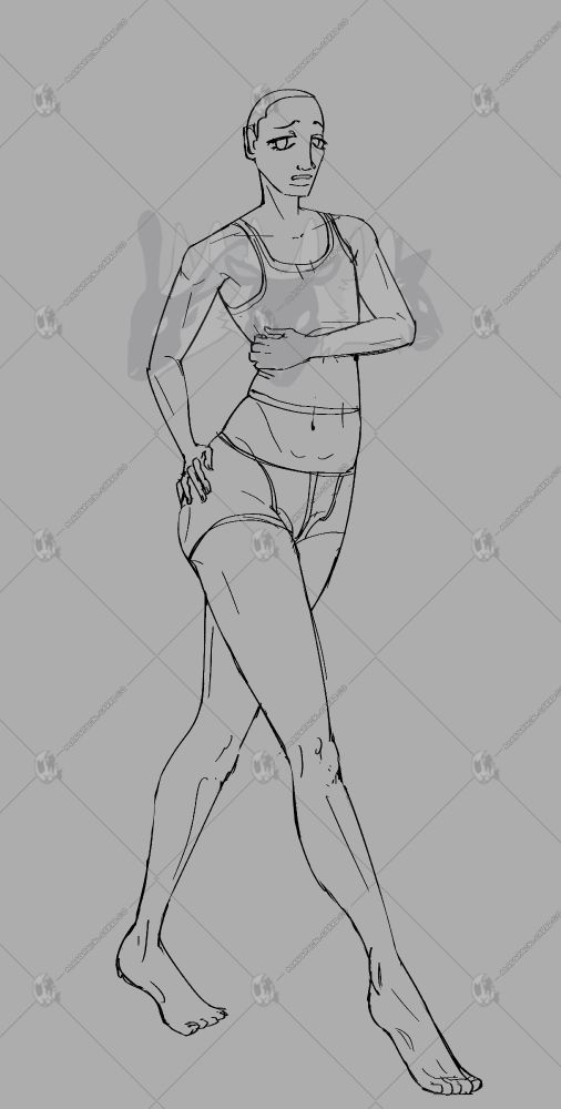 the work-in-progress of a full body reference that depicts June in undergarments. the art is an uncolored sketch, with the artist's watermark consistently appearing across the image. black lines are drawn on a light grey canvas. 
