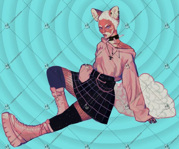 rendered art of a Black femme original character in alternative pink fashion and neko features (wolf ears and wooly tail). they sit in a relaxed but confident way, with an intense expression on the viewer. 