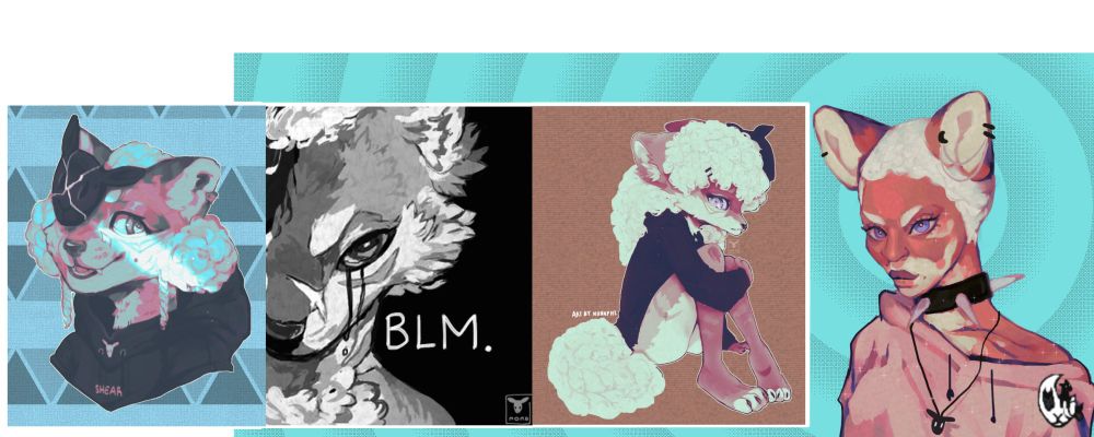 banner of four illustrations to promote the artist's work. all depict the same character in various poses, with the last in a human form. the image is primarily cyan, pinkish-brown, and white. the artist's watermark is in the lower right hand corner. 