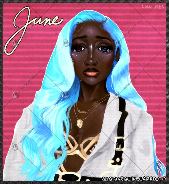 rendered portrait of the artist's Among Us OC, June. they have vivid blue hair and deep brown skin. they wear a white suit with accents of gold jewelry and accessories. the character's name is in the upper left corner, with a hot pink background and black border. 