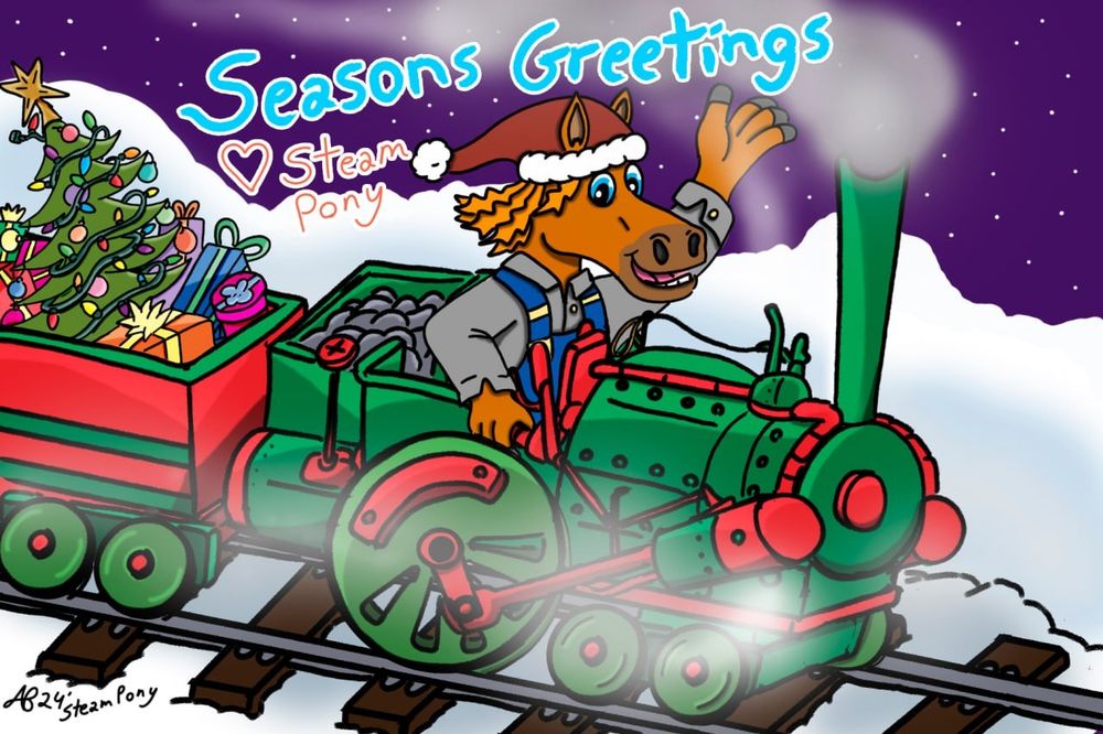 Seasons Greetings Christmas card featuring a steam train with Steam 
Pony and train cars full of Christmas spirit. 