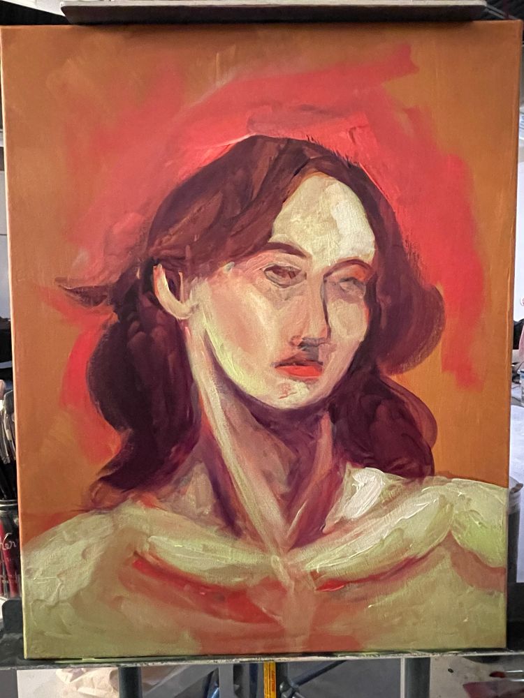 The portrait is at the stage where the shape and shadows of the woman pictured is first being put down. The eyes are not painted in yet and it looks a little creepy 