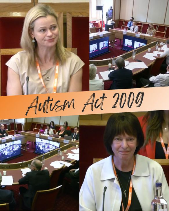 Images of the House of Lords Autism Act 2009 committee with Dr Katie Maras, a white woman with blonde hair, and Professor Ailsa Russell, a white woman with dark brown hair, submitting spoken evidence