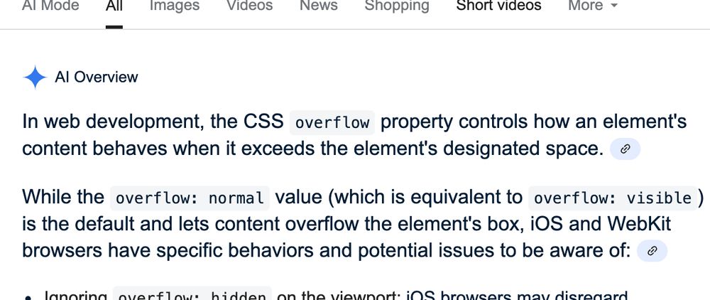 Google's AI recommends css overflow: normal as an equivalent to overflow visible
