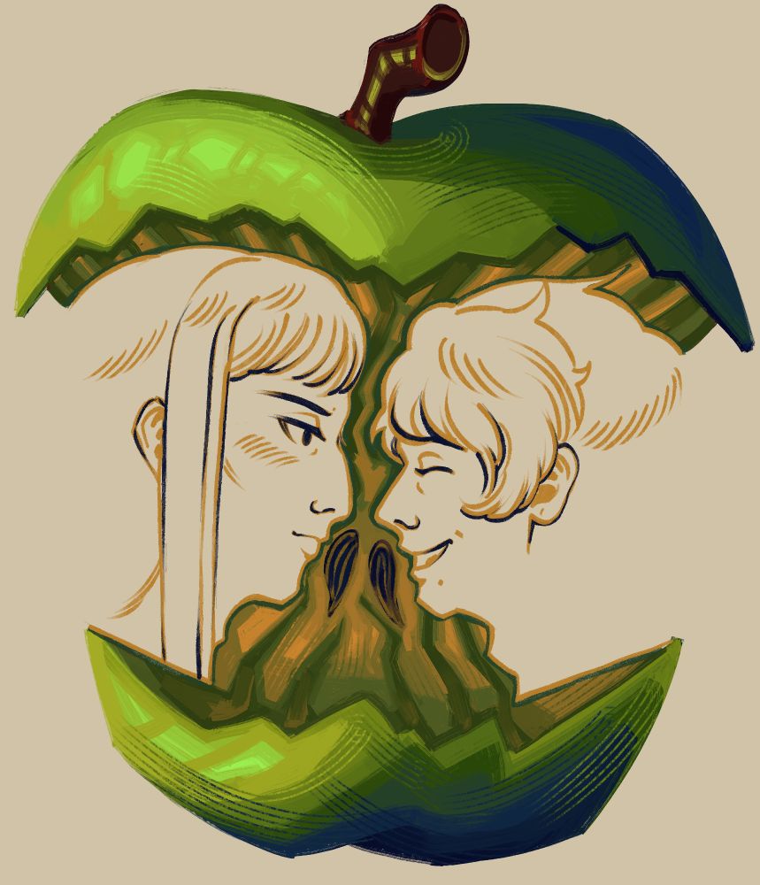 A digital illustration of a painted green apple with the bites representing two profiles - Michiyo and Arvin.