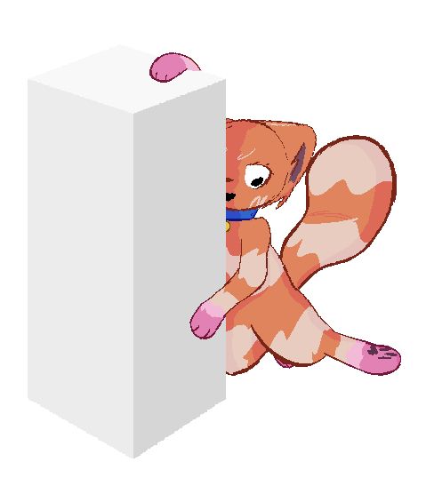A drawing of my fursona—an orange and pink cat—leaning on a white rectangular pillar on a white background.