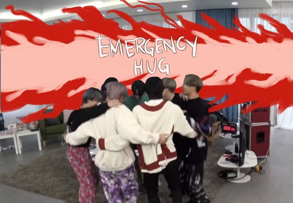 BTS group hug, from a run BTS episode, with text that says emergency hug