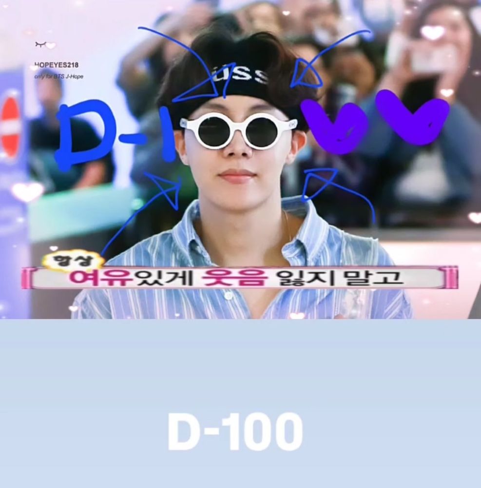 Instagram post from Jhope of BTS it says D-100 and he is pictured wearing white rimmed glasses