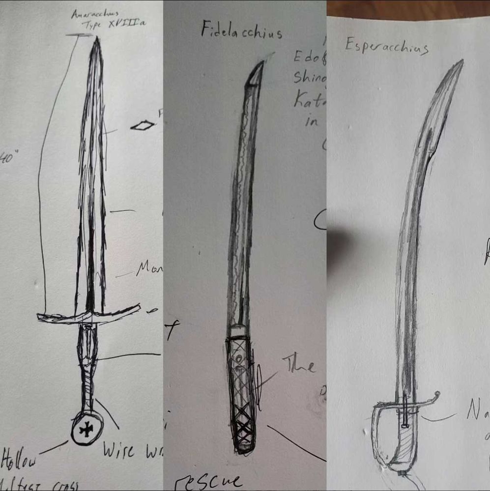 Skizze der Schwerter des Kreuzes Fidelacchius, Esperacchius und Amoracchius aus dem Dresden Files Universum. Ein Schmiedeprojekt von Plus5Armory