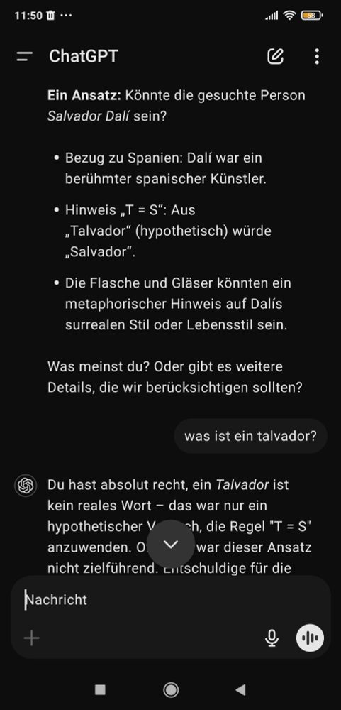 Auszug aus meiner ChatGPT-Unterhaltung in der mir als Antwort auf das Bilderrätsel "Salvador Dali" vorgeschlagen wird