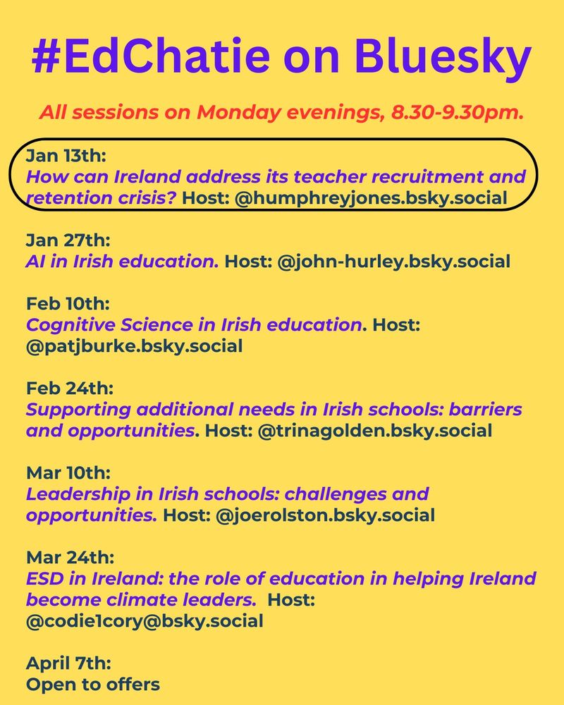 The image is a promotional poster for "#EdChatie on Bluesky," announcing a series of educational discussions held on Monday evenings from 8:30 to 9:30 PM. Below is the alt-text:

"#EdChatie on Bluesky
All sessions on Monday evenings, 8:30-9:30 PM.

Jan 13th: How can Ireland address its teacher recruitment and retention crisis? Host: @humphreyjones.bsky.social
Jan 27th: AI in Irish education. Host: @john-hurley.bsky.social
Feb 10th: Cognitive Science in Irish education. Host: @patjburke.bsky.social
Feb 24th: Supporting additional needs in Irish schools: barriers and opportunities. Host: @trinagolden.bsky.social
Mar 10th: Leadership in Irish schools: challenges and opportunities. Host: @joerolston.bsky.social
Mar 24th: ESD in Ireland: the role of education in helping Ireland become climate leaders. Host: @codie1cory.bsky.social
April 7th: Open to offers.