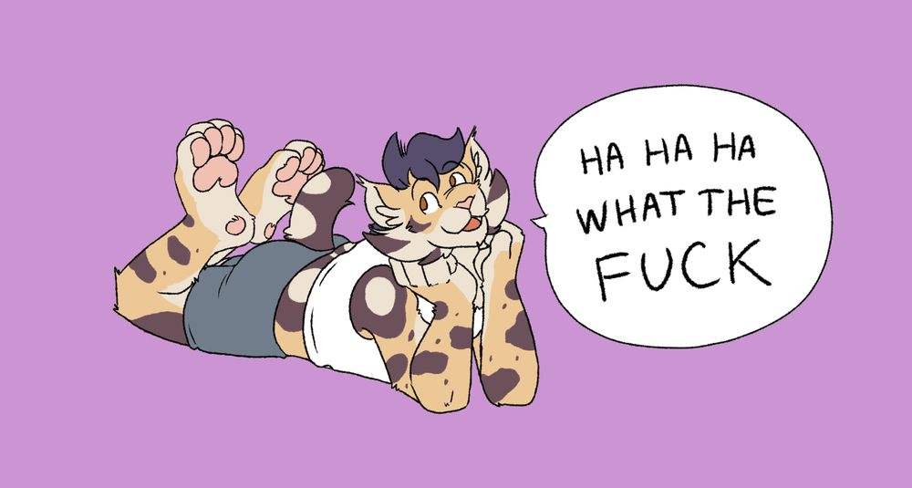 Lynx furry laying on the floor with paws up in the back trying to look cute but saying "ha ha ha what the FUCK" 