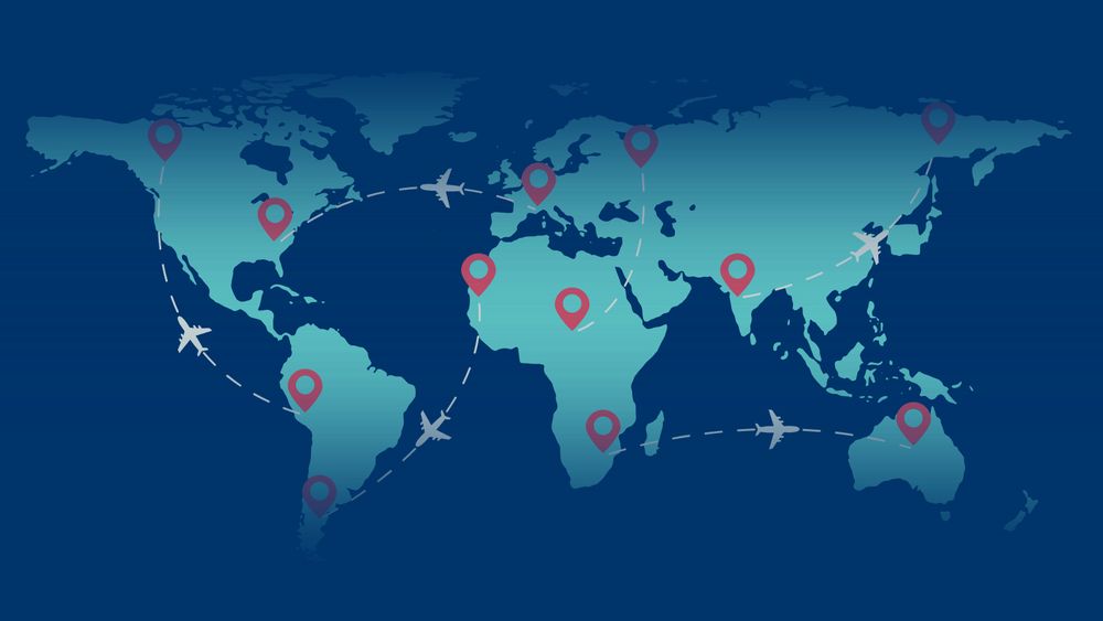 Illustration shows global map with planes flying all over. 
