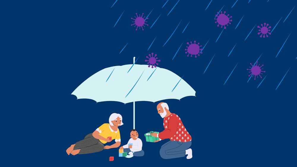 Illustration shows grandparents playing with a baby. It’s raining viruses, but an umbrella protects them.