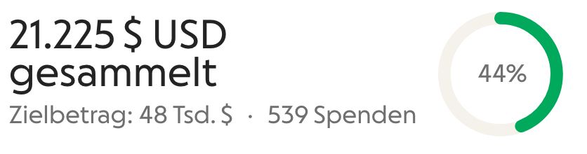 gofundme (02:38 Uhr)
21.225 $ gesammelt | Zielbetrag: 48 Tsd. $ | 539 Spenden | 44%