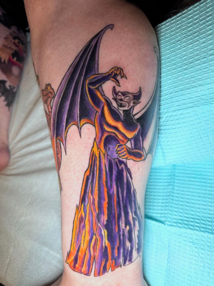 Photo of a tattoo of Chernabog on my leg. 