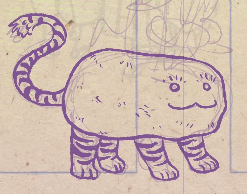 A screenshot close up of a comic page, featuring torakoishi, a rock with tiger legs and a tail. And a very cute face.