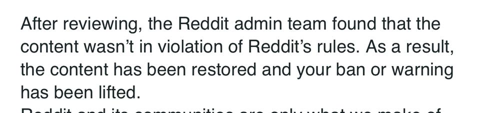 Email snippet says, “After reviewing, the Reddit admin team found that the content wasn’t in violation…” blah blah blah.