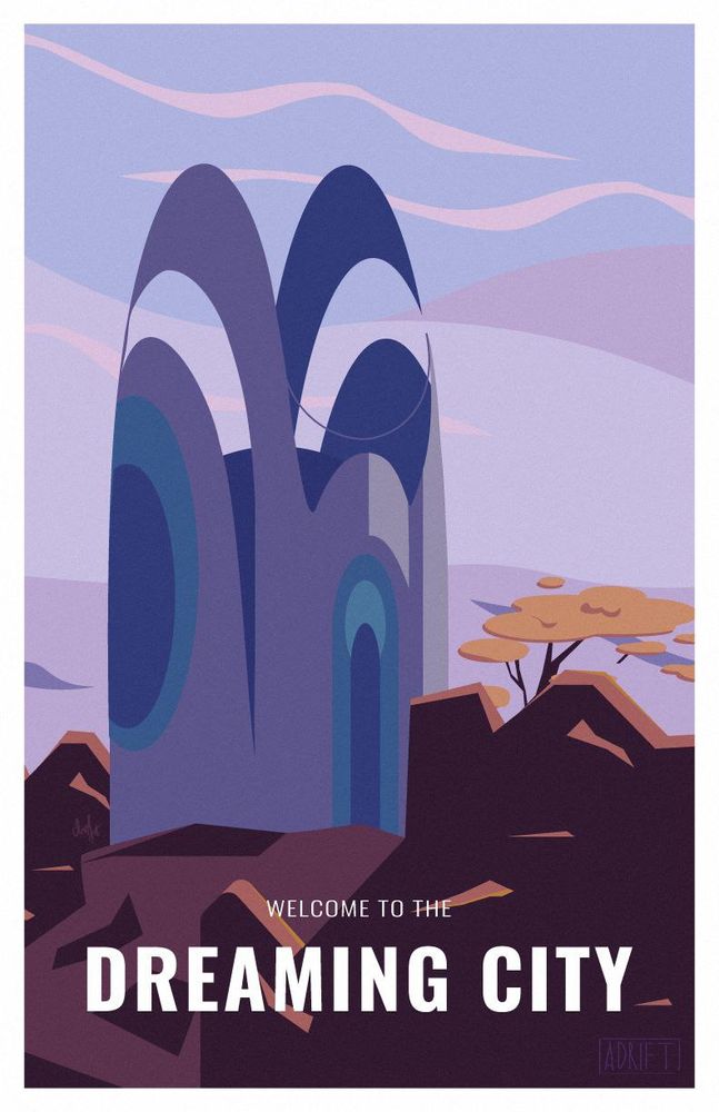 Vector illustration in the style of "welcome to" posters. Features the Dreaming City from Destiny 2