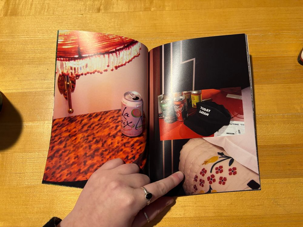 an open copy of 'the untamed camera: extended cut' by nat raum. the spread features a photograph of a pink-toned hotel room, with a smaller image of a dive bar table setup on the right-hand page.