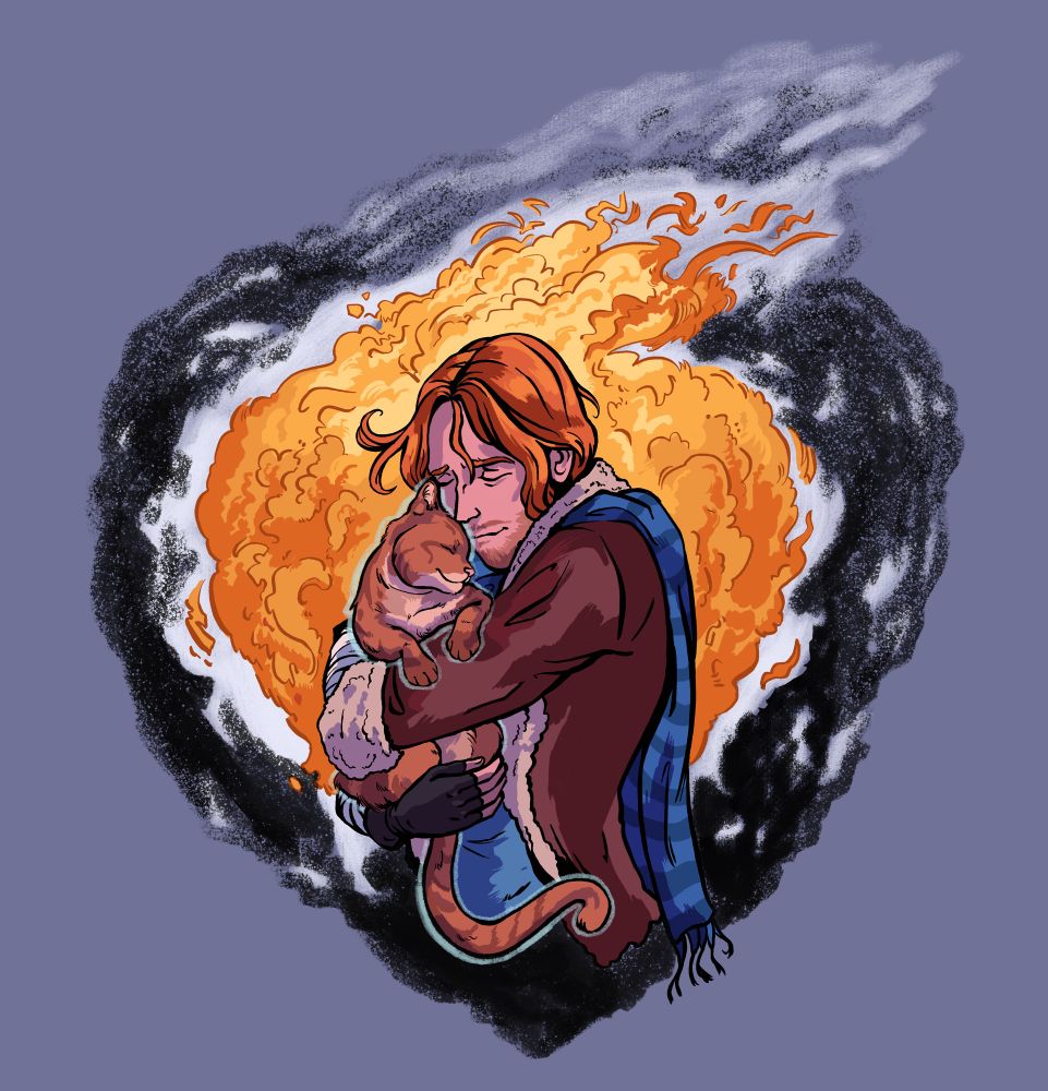 Caleb Widogast (critical role) hugs his cat, Frumpkin, close to his face. In the background, fire & smoke clouds form in the shape of a heart. 