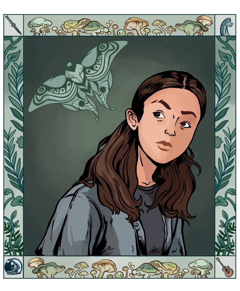 Bust portrait of Ellie. The moth from her tattoo is in the upper right of the background. Details of vines from her tattoo, astronaut helmet, guitar, dinosaur, and knife.