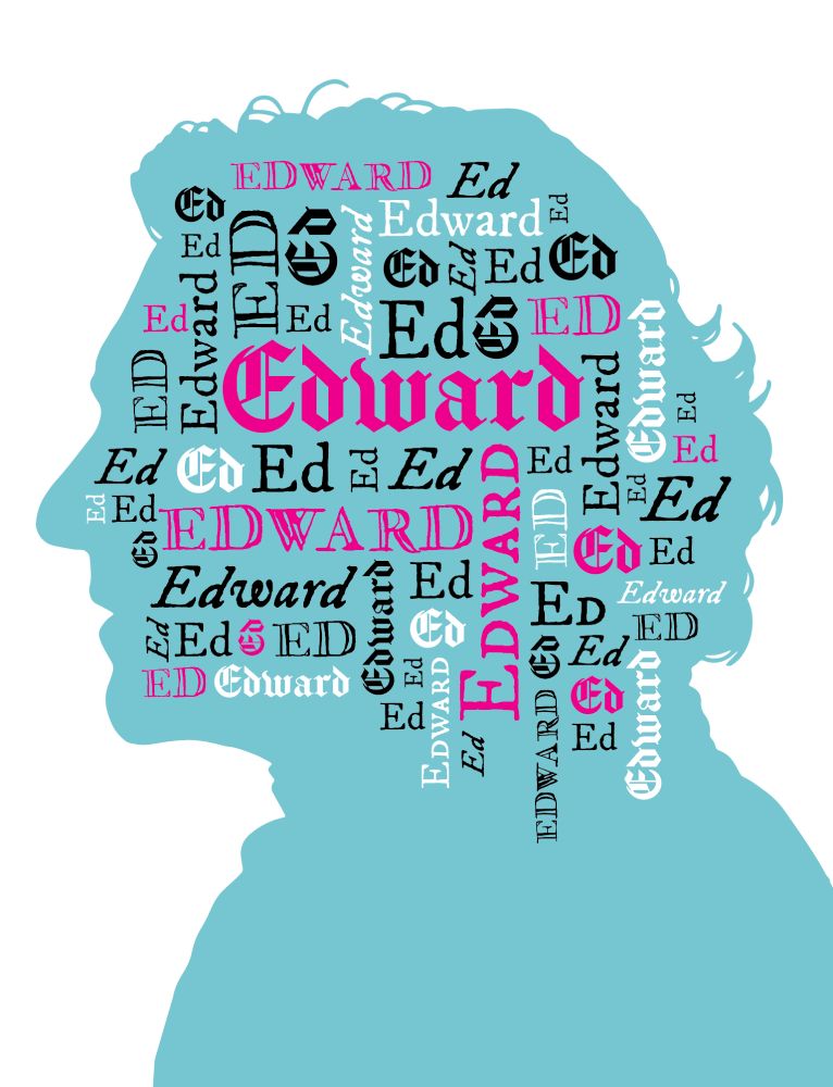 Stede's profile in light blue with a word cloud made of "Edward" and "Ed" over it in black, white, and bright pink, and different fonts.