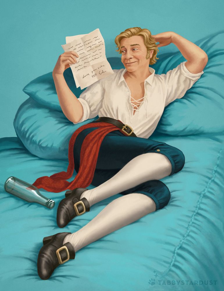 Stede is lying in bed, leaning on a pile of pillows. He's wearing a white shirt, dark blue breeches, stockings, and black shoes. He has a slutty red sash wrapped around his waist and the laces at the front of his shirt are undone. He's reading a letter and blushing and looking very lovestruck. The letter is signed "Love you babe XXX Ed".