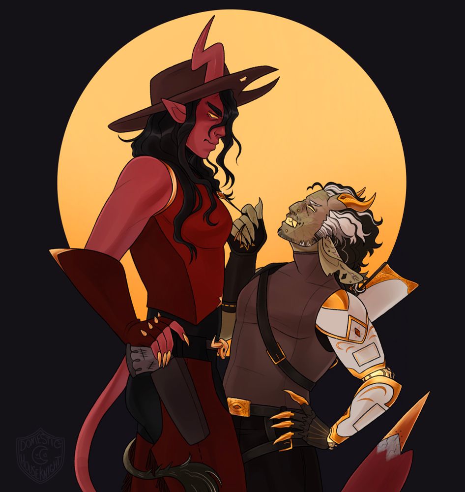A red tiefling cowfolk with long black hair and an angry expression reaching for their gun while a short, smug, pale green heavily scarred tiefling with an ornate prosthetic arm tugs on a bolo tie around the taller one’s neck 