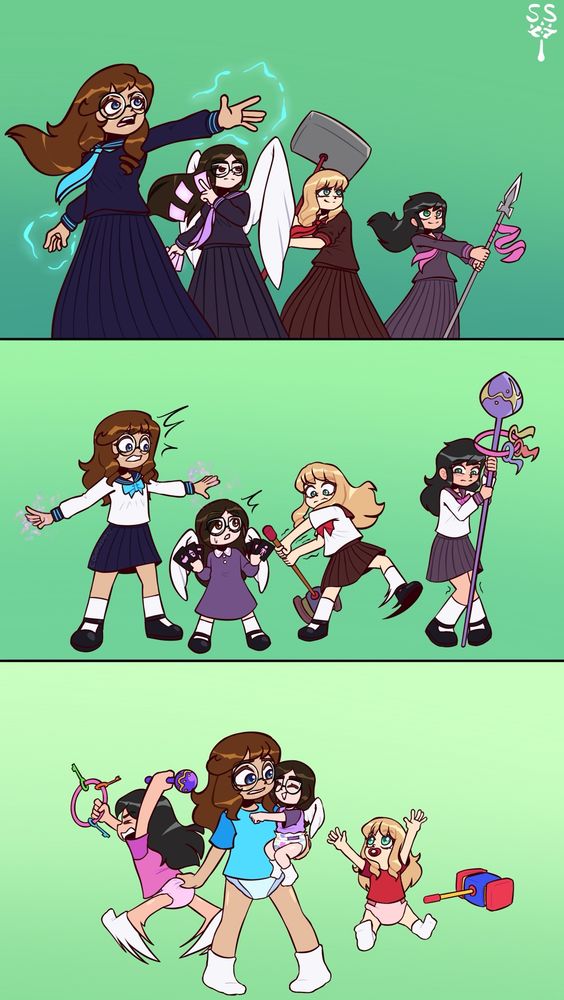 Stage 1:

The four of them, currently adults, preparing to fight an offscreen enemy. Mia has her hands raised, energy swirling about them. Jeanne is cycling through her cards. Rosa has her hammer reared back, ready to take a swing. Cali has her spear planted in the ground, ready to take off running toward the enemy. The group is confident, but not overly so. 


Stage 2:

The group reels, heavily regressed by the enemy. Mia is now 13, trying to shake off her surprise and ensure the rest of her team is okay. Cali, at 12, clings to her spear to stand upright, fighting the urge to leap back into the fray. Rosa is now 8, much more uncoordinated, nearly falling off balance due to her hammer. Jeanne is now 4, flustered and looking at her friends. The group's outfits are adjusting to their ages. Weapons are beginning to change, too - now just a child, Rosa's hammer looks more like a toy, whilst Jeanne's cards look like childish drawings. 


Stage 3:

The enemy leaves, leaving the group even further regressed. Mia is now 4, holding an infant Jeanne in her arms. A 2 year old Rosa shyly looks up at Mia, wanting to be held as well. A 3 year old Cali desperately tries to chase after the enemy, but is held back by Mia tugging the waistband of the back of her diaper.