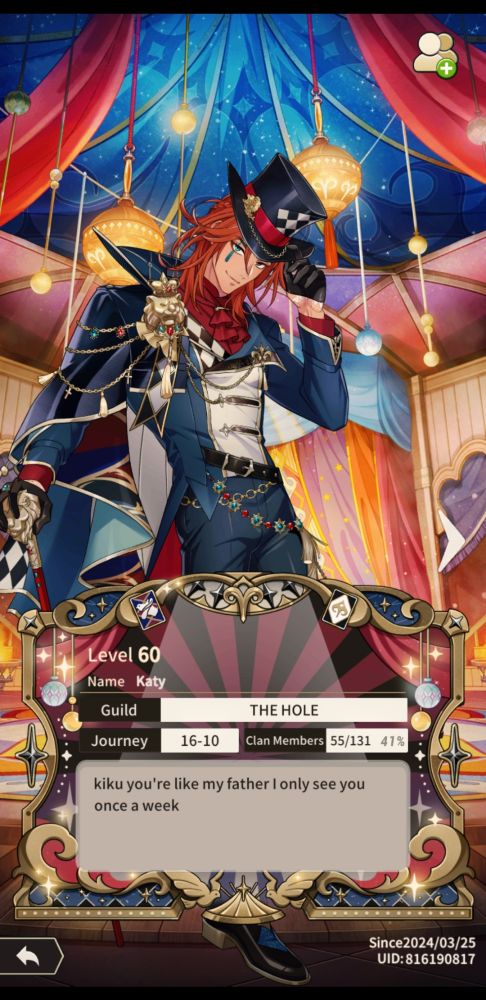 A profile card from a member of my nucarnival guild that reads "kiku you're like my father I only see you once a week"