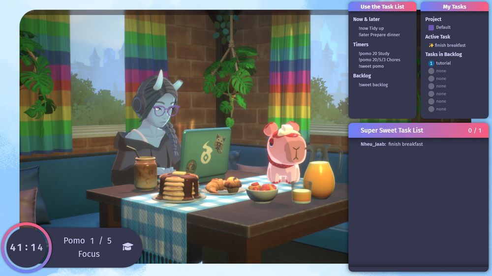 A scene from Spirit City: Lofi Sessions, with a Super Sweet Bot overlay. My avatar has pale greenish blue skin and two horns, the right one broken off half way. I have purple glasses and a black hoodie, which is sliding off my left shoulder. You can see a pale pink sports bra there. I'm at a kitchen booth in my virtual home. Rainbow striped curtains are hung at the two windows, which show a treeline and a cityscape in the distance. At the table is my laptop in pale teal, and a teal water bottle with two white stripes. The laptop has the fire logo of Spirit City, as well as two stickers, the top right hand one of a white cat holding a purple ramen cup. There is a bright blue and white checked table runner with fringe flung across the wooden table, and as strawberry themed capybara with a butterpat on its head. There are pancakes and other breakfast goodies spread across the table. The two throw pillows to my left are pale blue and dusty pink, respectively. There is a little bit of ivy poking into view in the middle, and two potted hanging plants can be seen in the shot, with beige macramé holders.