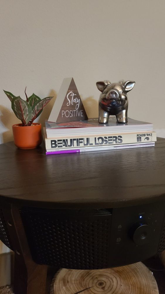Snapshot of an Ikea air filter table in dark brown. There's a twee little fake plant to the left of a stack of books and magazines. The only legible title is Beautiful Losers. On top of the stack is a triangular sign that says Stay Positive.  To its right is a silver ceramic flying pig with a smile on its face.