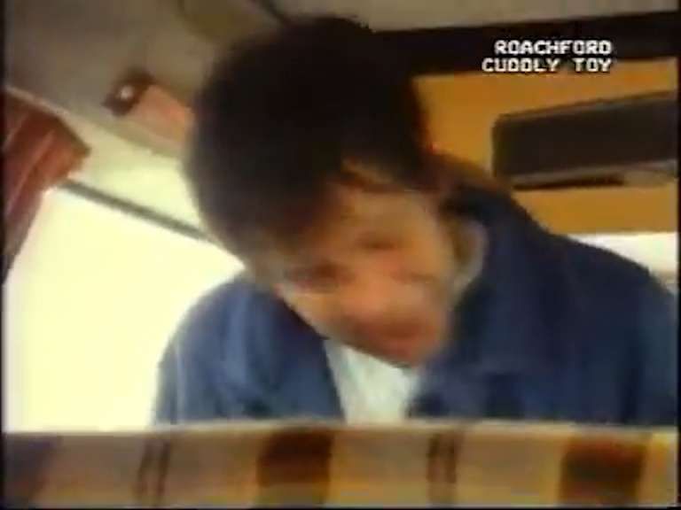 screenshot from the cheap-looking 1994 advert for the Sounds Direct compilation album Once In A Lifetime - in cheap-looking home movie-style road trip footage a man in a camper van holds and looks at a banana, top right a cheap-looking primitive electronic caption says Roachford Cuddly Toy in all caps