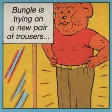 comic book panel, Bungle is trying on a new pair of trousers