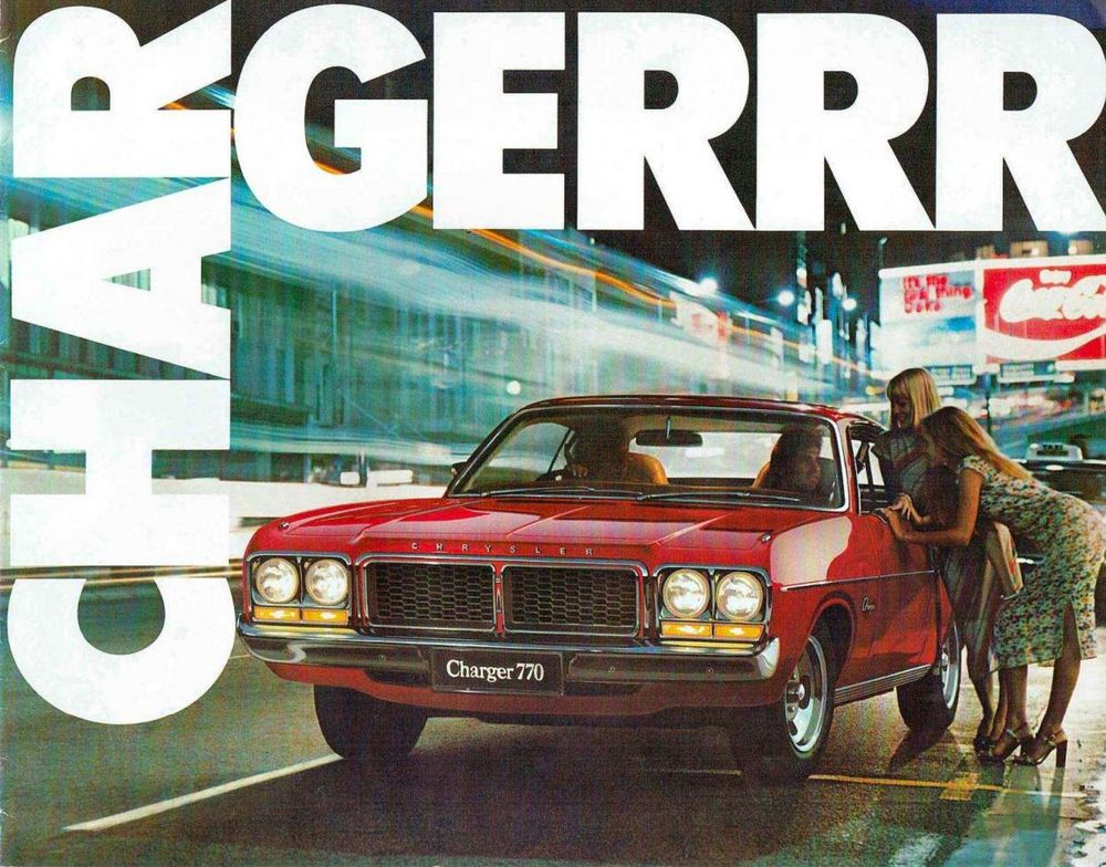 1977 Australian Chrysler Charger 770 brochure cover, it says CHARGERRR on a photo of the car in a city at night, it is stopped on the road, there are two men in it and the passenger is talking through the open window to two women