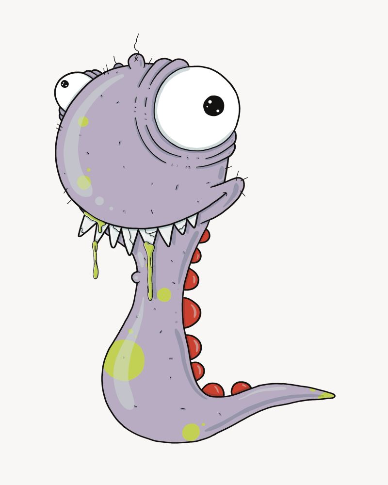 Illustration eines lilafarbenen, cartoonartigen Monsters mit übergroßen, hervortretenden Augen, spitzen weißen Zähnen und gelbem Sabber, der aus dem Mund tropft. Der lange Hals und Unterkiefer sind mit roten, knopfartigen Auswölbungen versehen, der Körper zeigt gelbgrüne Flecken, und einige dünne Haare ragen aus dem Kopf.