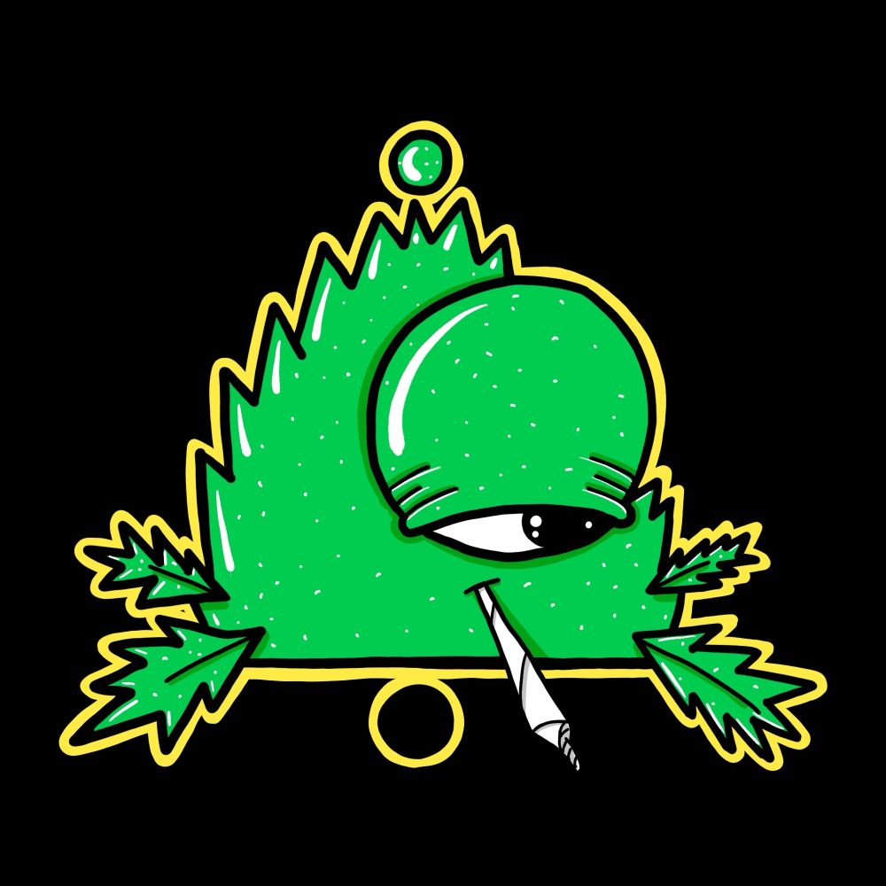 Cannabis character with big eye and joint in mouth