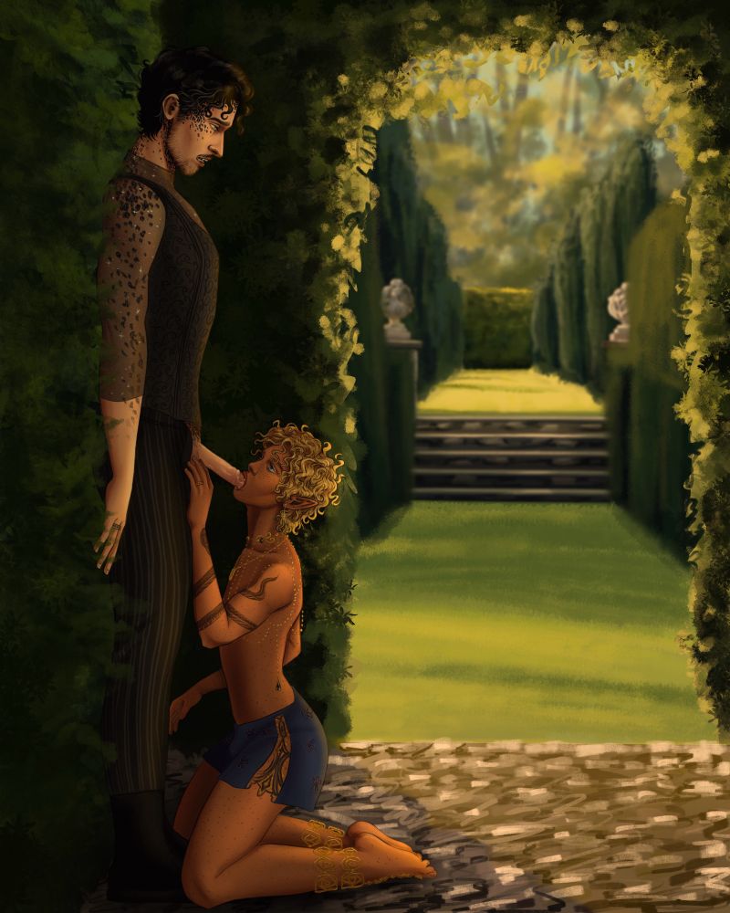 A boy is on his knees, sucking the dick of a tall man who presses his back and hands into the hedge behind him. They are in a hedge maze, hidden around a corner. 2/3 of the drawing is taken up by the background, which is a green and sunny scene looking to be on the grounds of a manor or palace. There are stairs leading up to more grass and hedges and in this distance, trees and sky. The freckled boy has a deep tan and has curly blonde hair and pointed ears. He wears lots of gold jewelry that drapes over his bare chest. He wears tiny blue shorts with a decorated cut out on the side, as well as thick gold anklets. He has a snake tattoo running down his left arm that rests on the man’s hip, as well as a gold wedding ring. He looks up as he sucks at the tip between his lips. The man above him is very pale and has black curly hair, looking down with parted lips that show off his fangs. Black scales cover his cheekbones and trail down his shoulders and under his chin. He has a mustache with stubble and bright blue eyes. He grips onto the bush behind him, wearing a silver wedding ring. He wears black pants with thin grey stripes, a sheer sparkly longsleeve, and a black patterned corset.