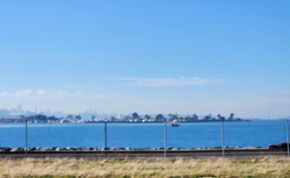 A lovely view of the San Francisco Bay as viewed by a person stuck in traffic who has just received a tsunami warning.
