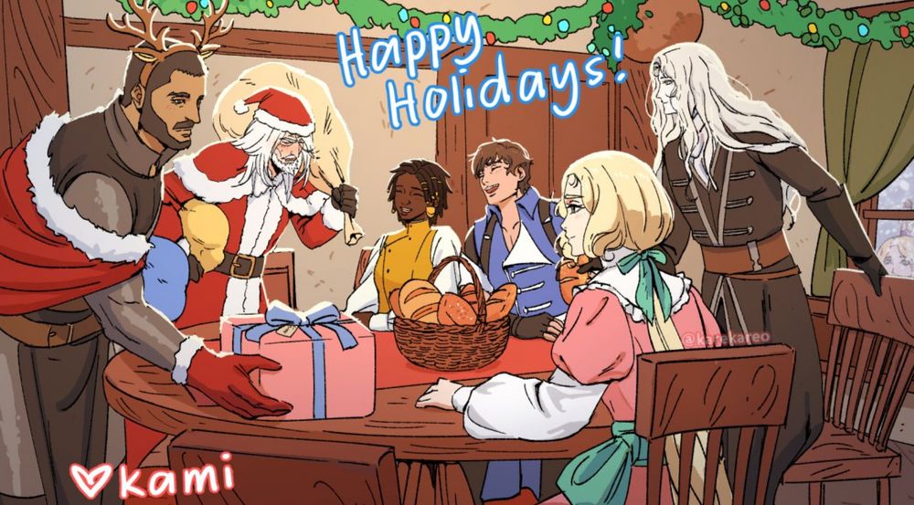 Richter, Maria, Annette, and Alucard celebrating Christmas with Juste and Mizrak dressed up as Santa and a reindeer. Olrox and Tera are outside looking through the window