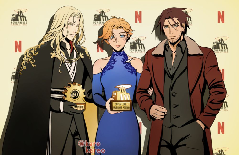 Trevor, Sypha, and Alucard at a red carpet event celebrating Powerhouse Animation's 20th anniversary