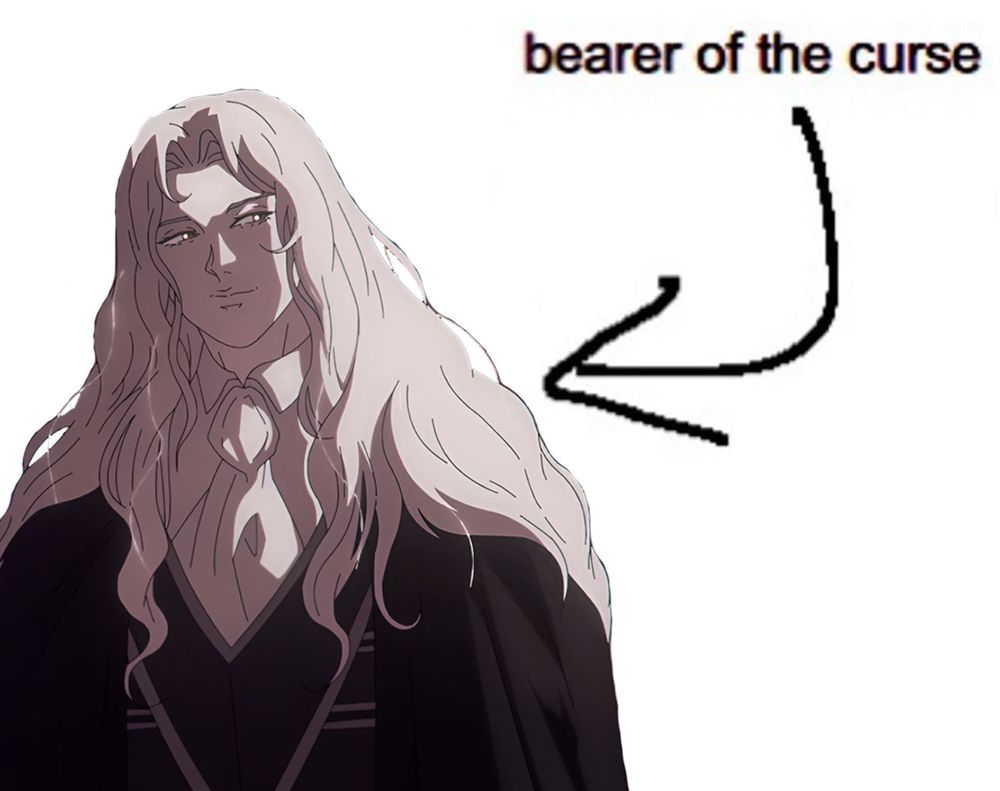 Alucard from Castlevania: Nocturne with an arrow pointing at him and the text "bearer of the curse" above