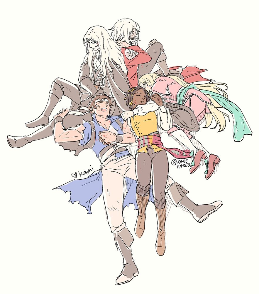 Richter, Maria, Annette, Alucard, and Juste sleeping in a pile after the events of Nocturne season 2