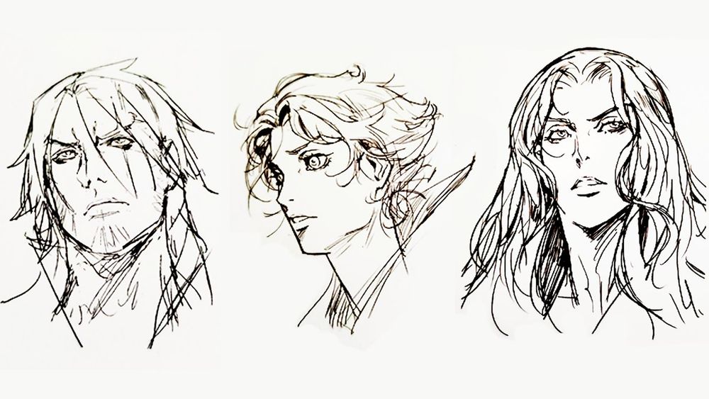 Concept sketches for Trevor Belmont, Sypha Belnades, and Alucard from Castlevania