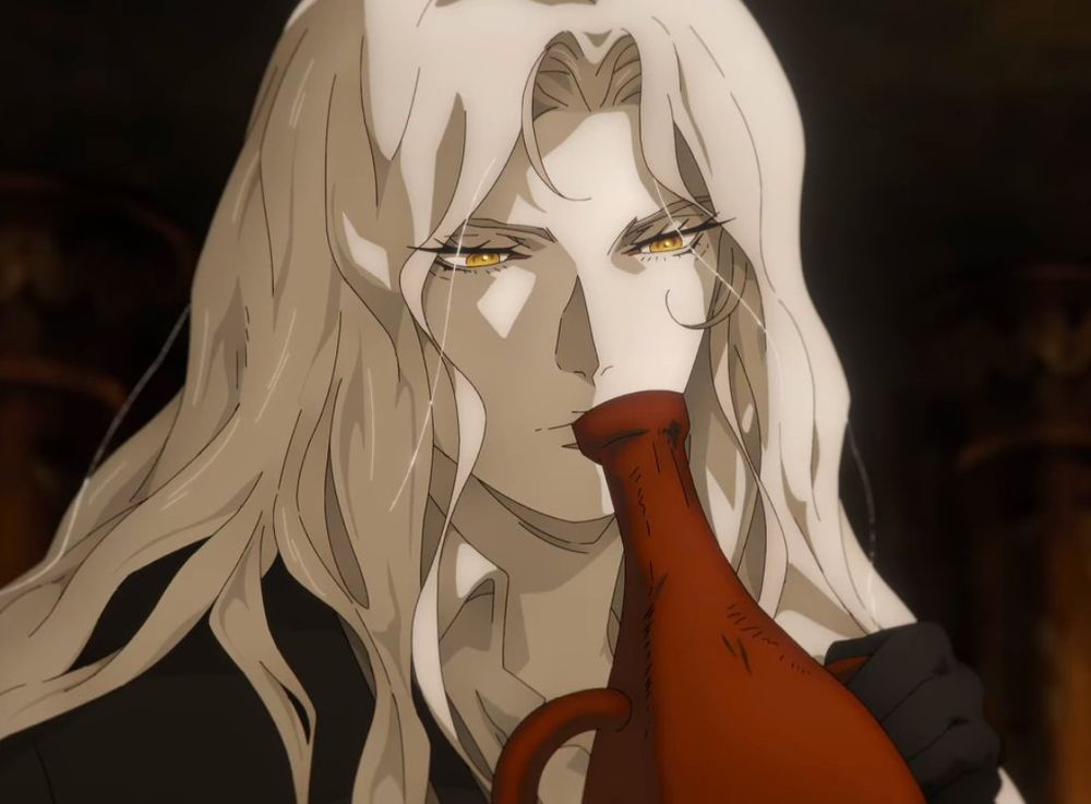 Alucard sniffing the inside of an vase