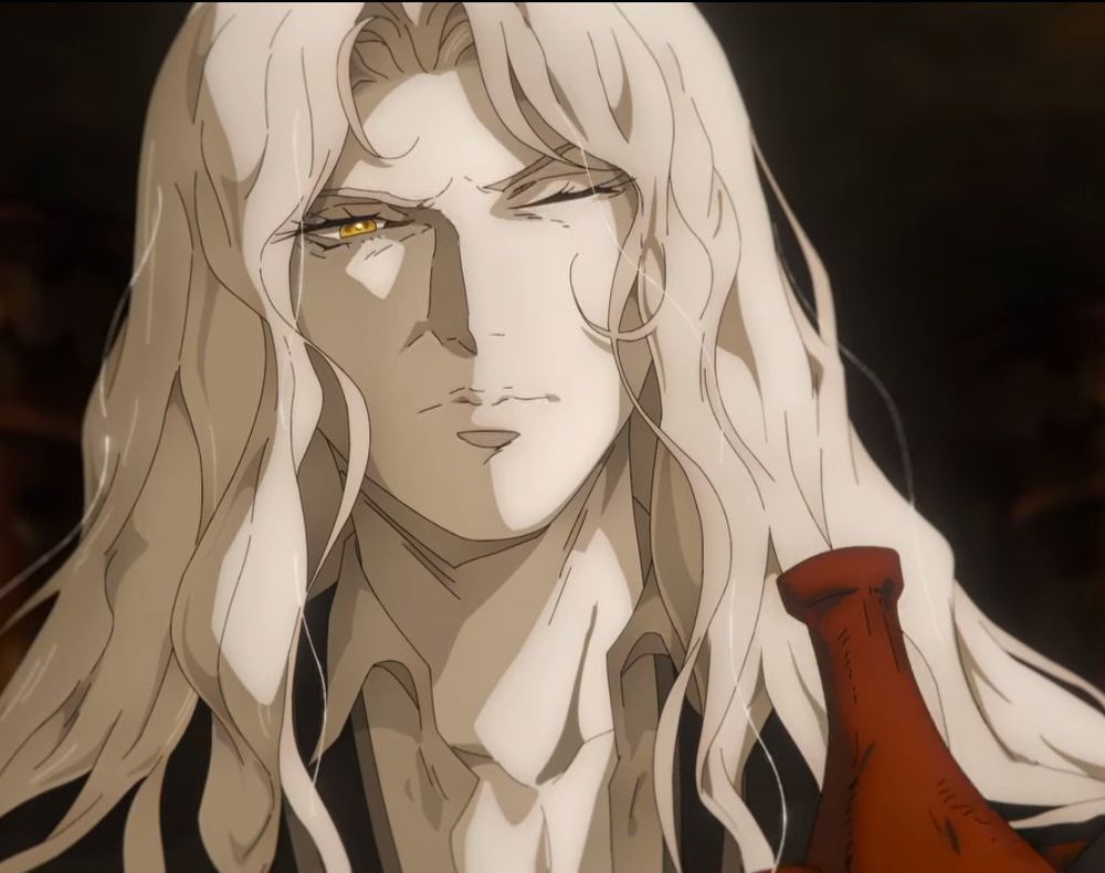 Alucard recoiling from the urn while scrunching his face in disgust