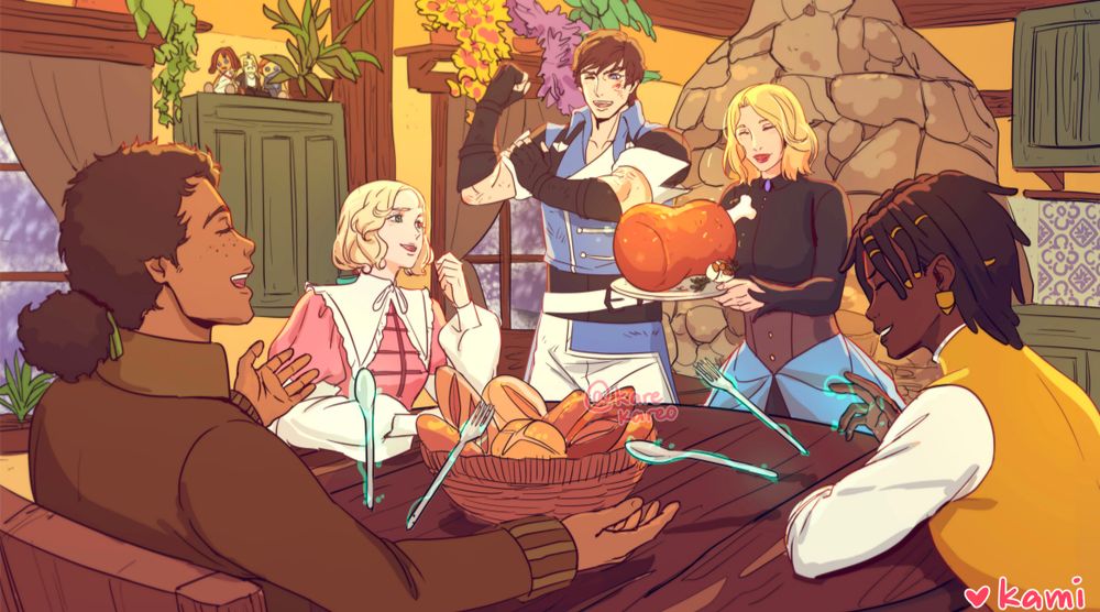 Richter, Maria, Annette, Edouard, and Tera celebrating thanksgiving with a classic wall meat